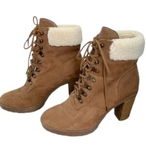 Brash Moto Women's Lace Up Block Heeled Winter Ankle Boots Tan Faux Suede Size 7